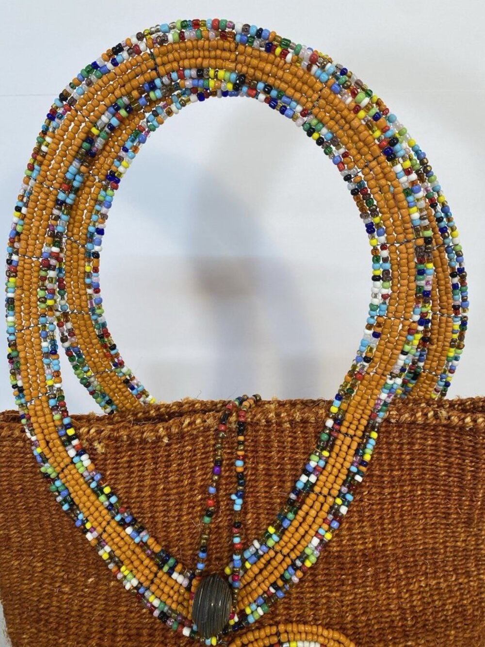 Handmade Brown Multi Color Beadwork Handwoven Bucket Bag Made in Kenya - Picture 4 of 11